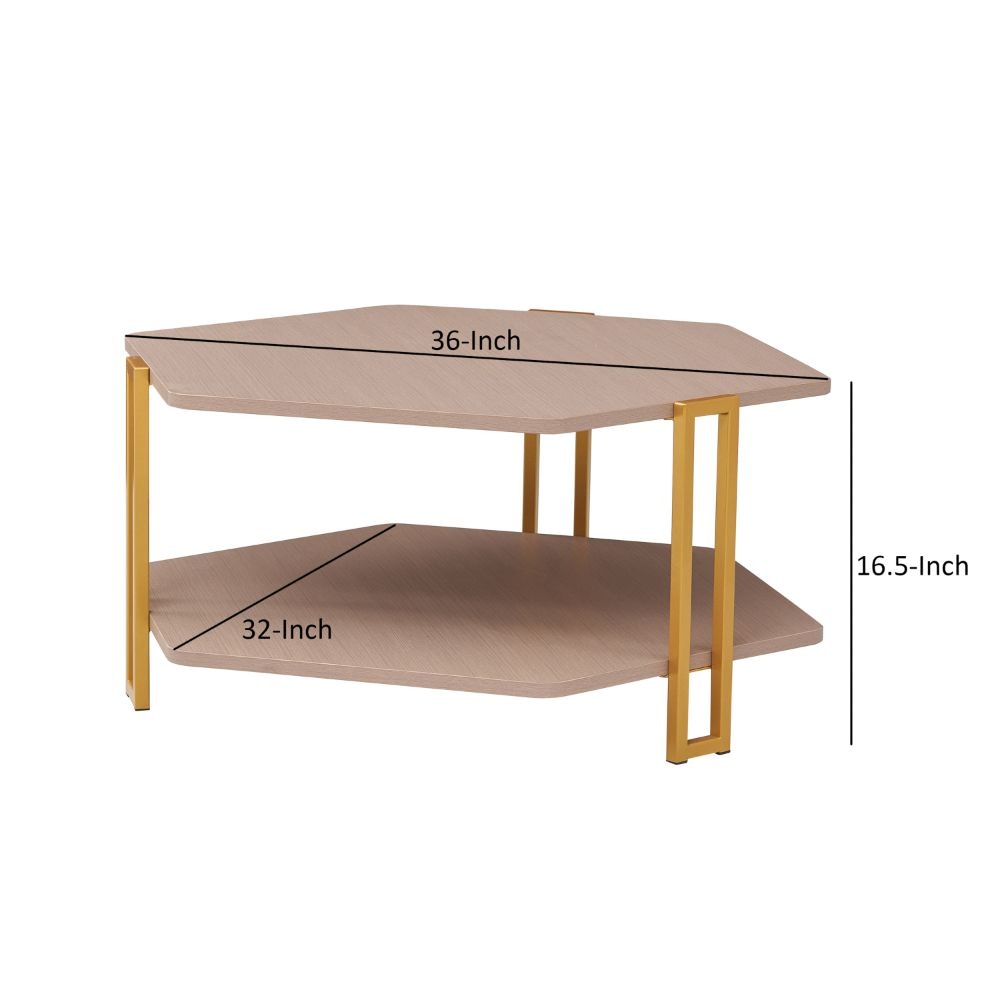 36 Inch Hexagonal Modern Coffee Table, Wood Top and Shelf, Gold Metal Legs By The Urban Port