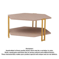 36 Inch Hexagonal Modern Coffee Table, Wood Top and Shelf, Gold Metal Legs By The Urban Port