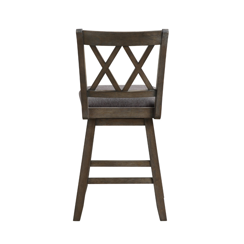 Jasmine 24" Handcrafted Rustic 360 Degree Swivel Counter Stool Chair, Distressed Walnut Brown, Gray Seat Cushion - UPT-295407