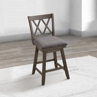 Jasmine 24" Handcrafted Rustic 360 Degree Swivel Counter Stool Chair, Distressed Walnut Brown, Gray Seat Cushion - UPT-295407