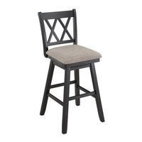 Jasmine 29 Inch Handcrafted Rustic 360 Degree Swivel Barstool Chair, Crossed Black Wood Frame, Gray Seat Cushion - UPT-295408