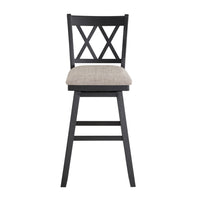 Jasmine 29 Inch Handcrafted Rustic 360 Degree Swivel Barstool Chair, Crossed Black Wood Frame, Gray Seat Cushion - UPT-295408