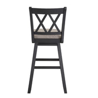 Jasmine 29 Inch Handcrafted Rustic 360 Degree Swivel Barstool Chair, Crossed Black Wood Frame, Gray Seat Cushion - UPT-295408