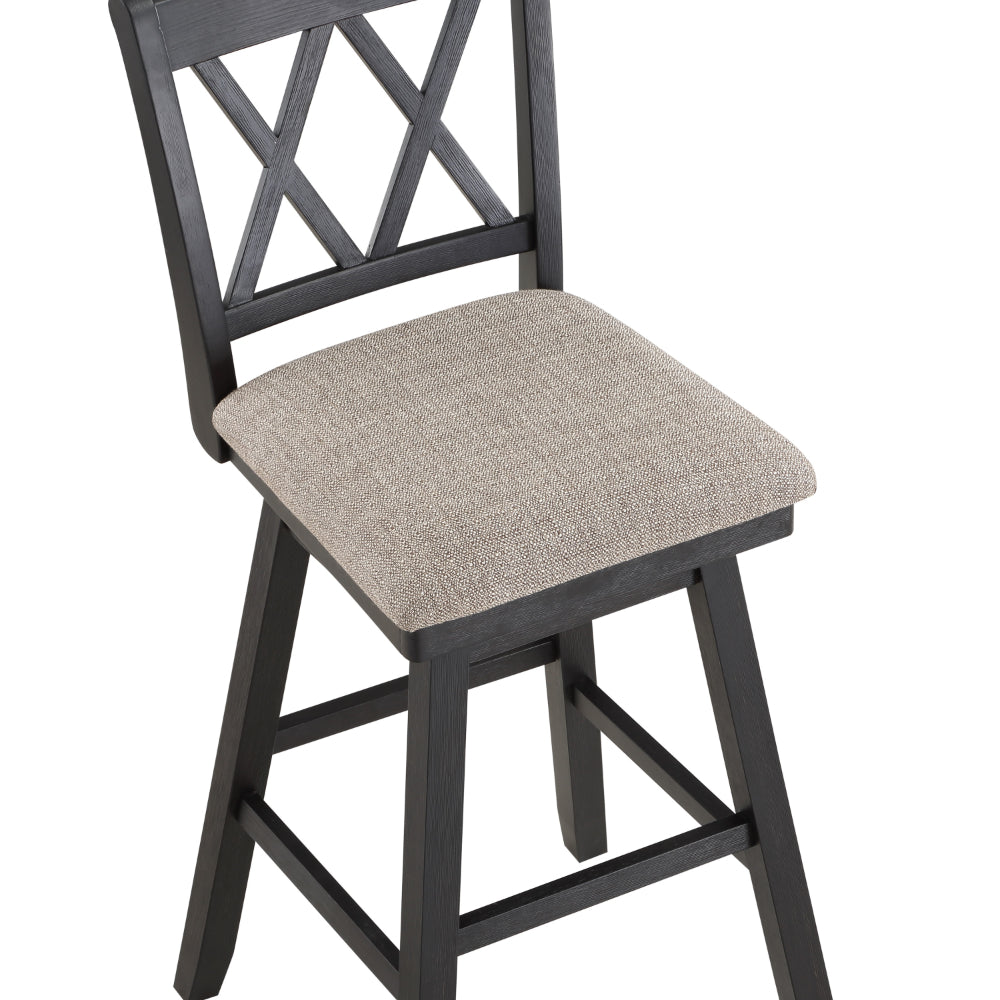 Jasmine 29 Inch Handcrafted Rustic 360 Degree Swivel Barstool Chair, Crossed Black Wood Frame, Gray Seat Cushion - UPT-295408