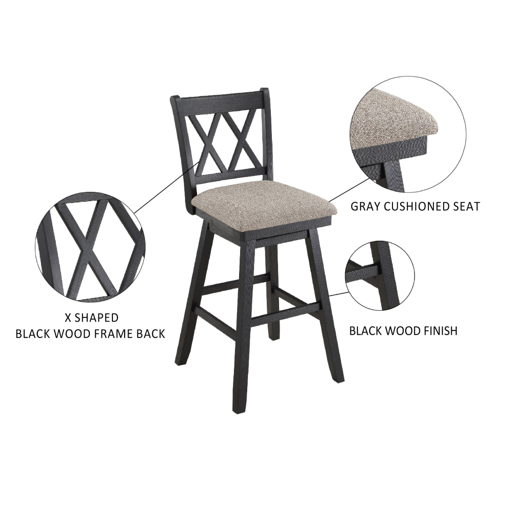 Jasmine 29 Inch Handcrafted Rustic 360 Degree Swivel Barstool Chair, Crossed Black Wood Frame, Gray Seat Cushion - UPT-295408