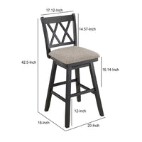 Jasmine 29 Inch Handcrafted Rustic 360 Degree Swivel Barstool Chair, Crossed Black Wood Frame, Gray Seat Cushion - UPT-295408