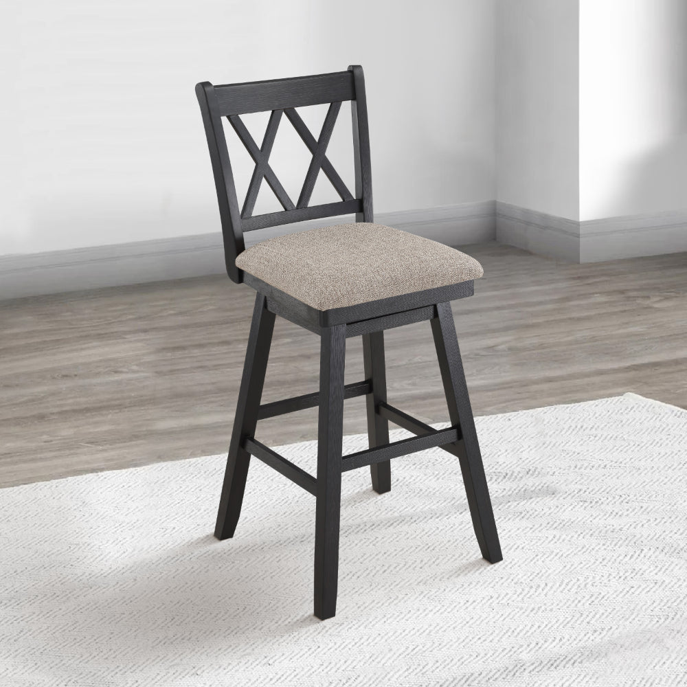 Jasmine 29 Inch Handcrafted Rustic 360 Degree Swivel Barstool Chair, Crossed Black Wood Frame, Gray Seat Cushion - UPT-295408