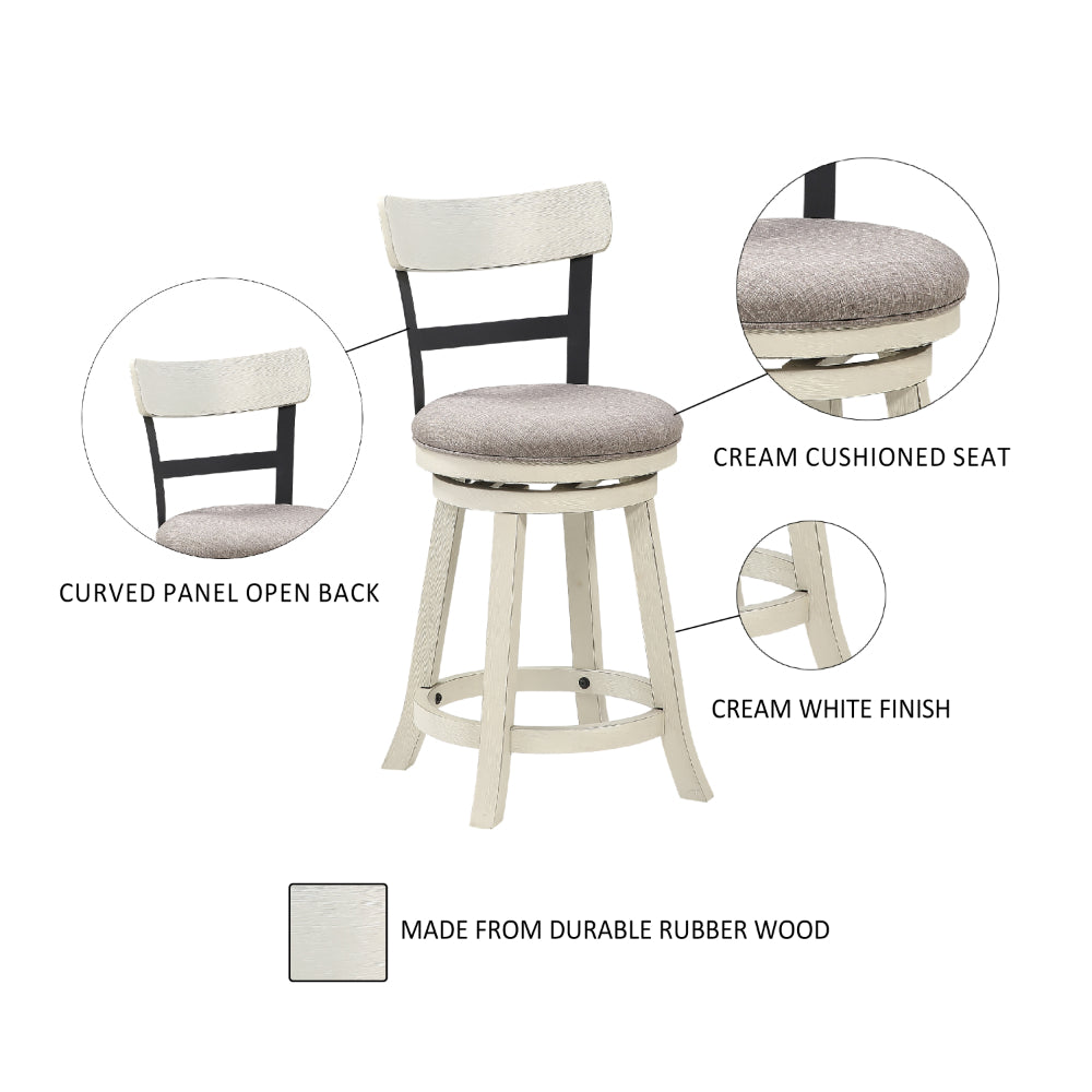 24 Inch Handcrafted 360 Degree Swivel Counter Stool, Curved Open Back, White Wood Frame, Cream Cushioned Seat - UPT-295409