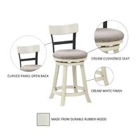 24 Inch Handcrafted 360 Degree Swivel Counter Stool, Curved Open Back, White Wood Frame, Cream Cushioned Seat - UPT-295409