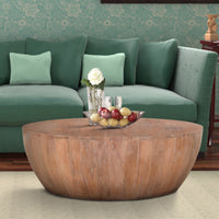 Drum Shape Wooden Coffee Table with Plank Design Base, Distressed Brown - UPT-32182