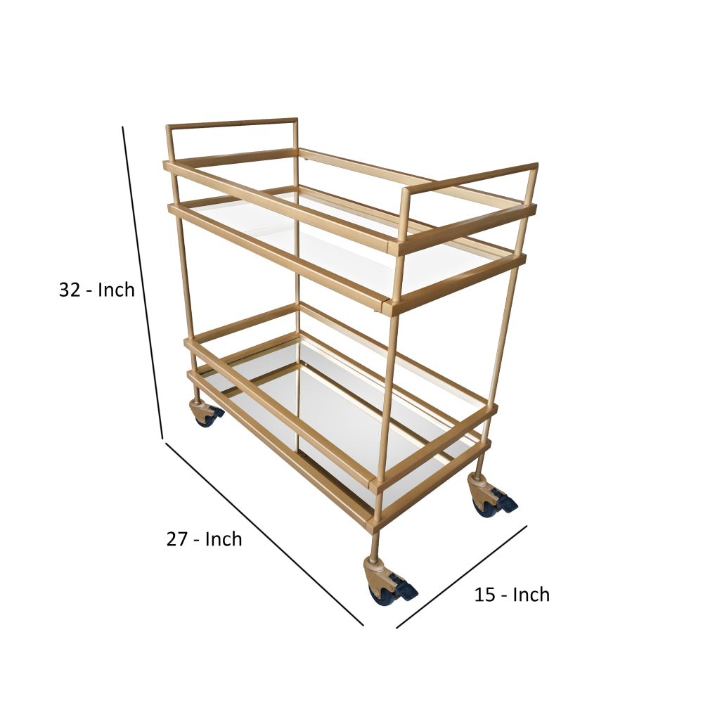 Modern Style Tubular Iron Bar Cart with 2 Mirrored Shelves, Gold - UPT-71700