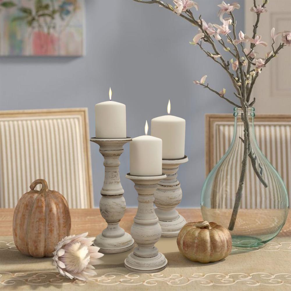 Turned Design Wooden Candle Holder with Distressed Details Set of 3 White BM03604