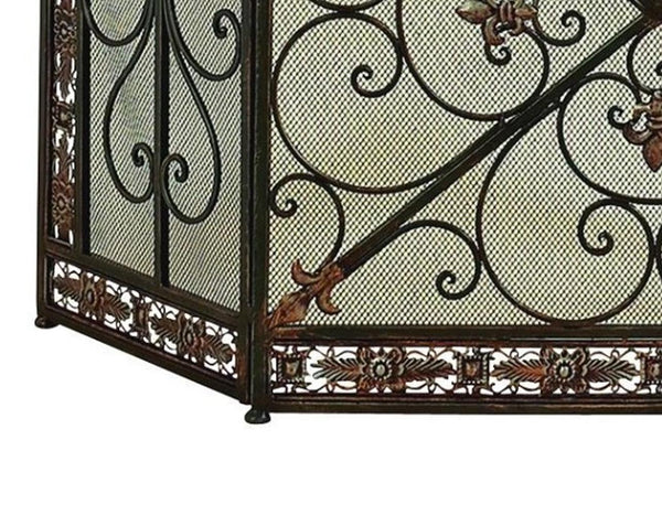 Traditional 3 Panel Metal Fire Screen With Filigree Design, Bronze - BM06168