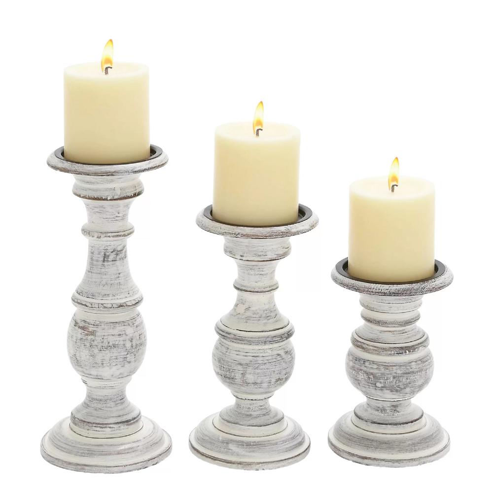 Taki Turned Design Wooden Candle Holder with Distressed Details, Set of 3, White - BM03604