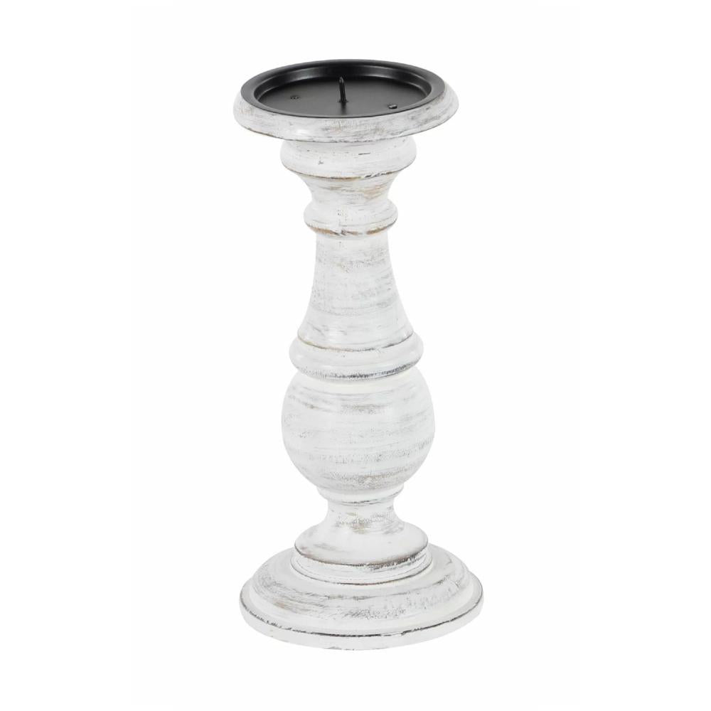 Taki Turned Design Wooden Candle Holder with Distressed Details, Set of 3, White - BM03604