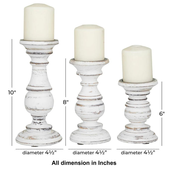 Turned Design Wooden Candle Holder with Distressed Details, Set of 3, White - BM03604