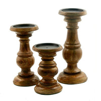 Pillar Shaped Wooden Candle Holder, Set of 3, Brown - BM03605