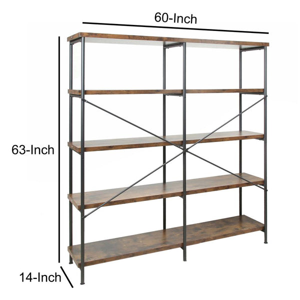 63 Inch Industrial 4 Tier Shelf Bookshelf, Particleboard, Metal Frame, Brown, Black - BM159420