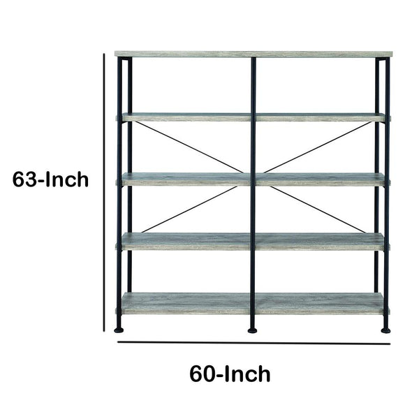 63 Inch Industrial 4 Tier Bookshelf, Particleboard, Metal Frame, Gray, Black - BM159421