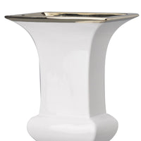 Ceramic Decorative Urn With Rectangular Opening, Large, White & Silver - BM180908