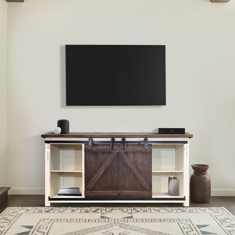 69 Inch Wooden Media Console with Barn Style Sliding Door, Brown and White - UPT-205744