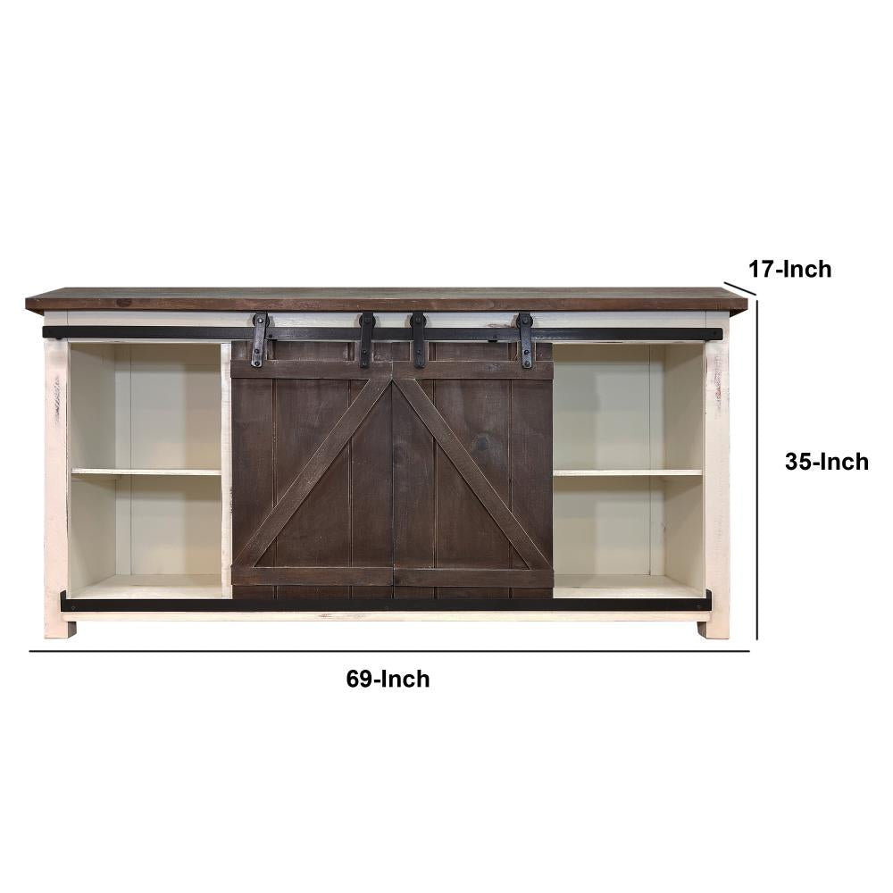 69 Inch Wooden Media Console with Barn Style Sliding Door, Brown and White - UPT-205744