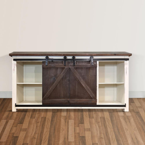 69 Inch Wooden Media Console with Barn Style Sliding Door, Brown and White - UPT-205744