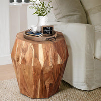 Bon 22 Inch Artisanal End Side Table, Multifaceted Solid Acacia Wood, Octagon Top, Natural Brown - UPT-238449