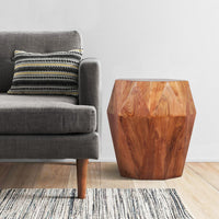 Bon 22 Inch Artisanal End Side Table, Multifaceted Solid Acacia Wood, Octagon Top, Warm Brown - UPT-238450