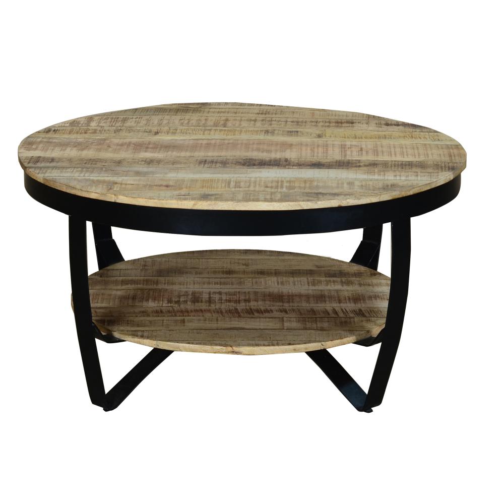 34 Inch Farmhouse Round Coffee Table with Metal Framework, Brown and Black - UPT-242821