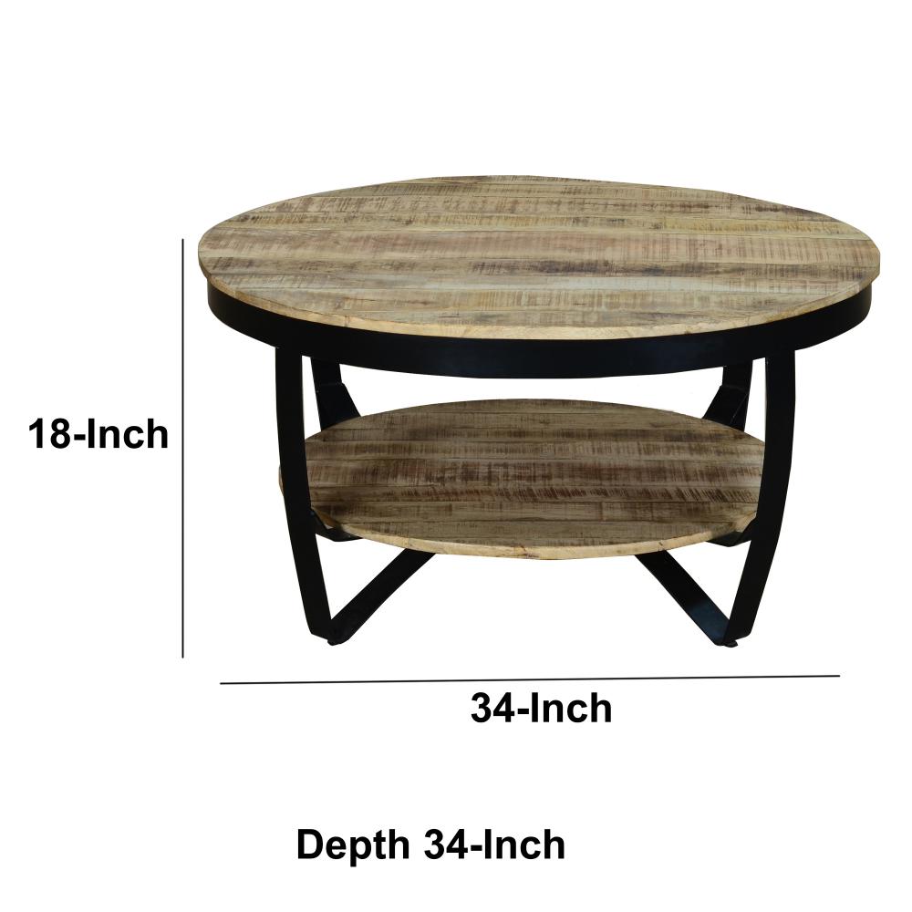 34 Inch Farmhouse Round Coffee Table with Metal Framework, Brown and Black - UPT-242821