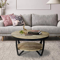 34 Inch Farmhouse Round Coffee Table with Metal Framework, Brown and Black - UPT-242821