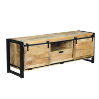 63 Inch Wooden Industrial TV Cabinet with Barn Style Sliding Doors, Brown and Black - UPT-242822