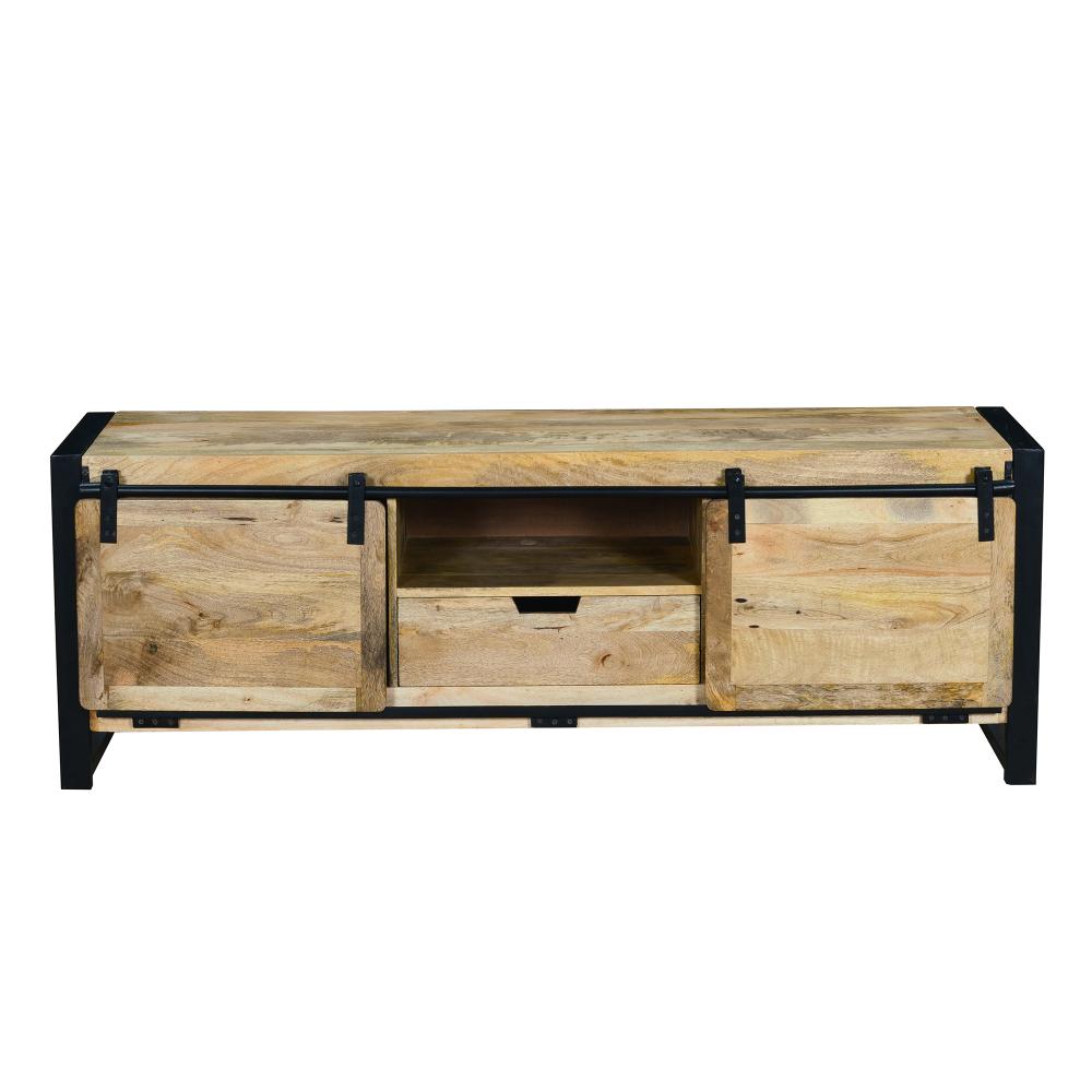 63 Inch Wooden Industrial TV Cabinet with Barn Style Sliding Doors, Brown and Black - UPT-242822