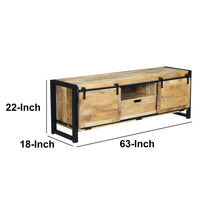 63 Inch Wooden Industrial TV Cabinet with Barn Style Sliding Doors, Brown and Black - UPT-242822