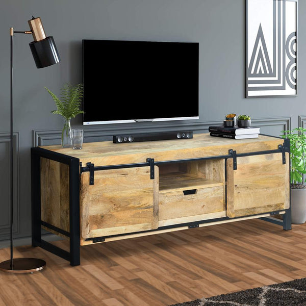 63 Inch Wooden Industrial TV Cabinet with Barn Style Sliding Doors, Brown and Black - UPT-242822