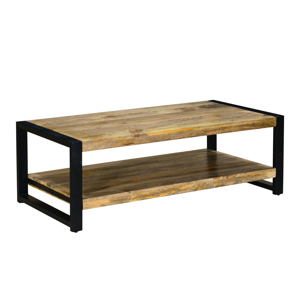 47 Inch Rectangular Industrial Coffee Table with Sled Design Metal Legs, Washed White - UPT-242823