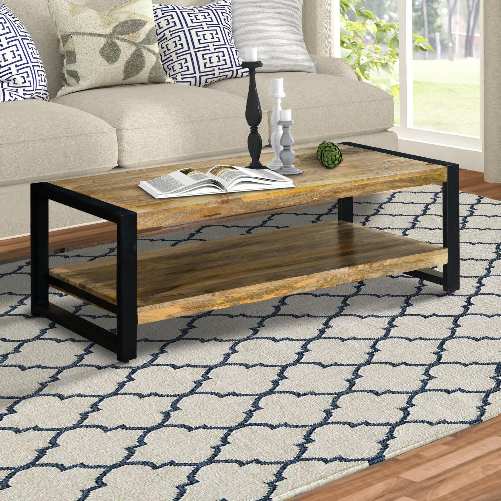 47 Inch Rectangular Industrial Coffee Table with Sled Design Metal Legs, Washed White - UPT-242823