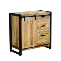 35 Inch 3 Drawer Storage Cabinet, 1 Barn Sliding Door, Mango Wood, Brown and Black - UPT-242824