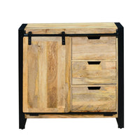 35 Inch 3 Drawer Storage Cabinet, 1 Barn Sliding Door, Mango Wood, Brown and Black - UPT-242824