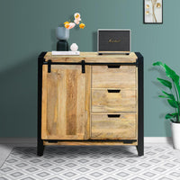 35 Inch 3 Drawer Storage Cabinet, 1 Barn Sliding Door, Mango Wood, Brown and Black - UPT-242824