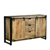 59 Inch 3 Drawer Wooden Sideboard with Barn Style 2 Sliding Doors, Brown and Black - UPT-242825