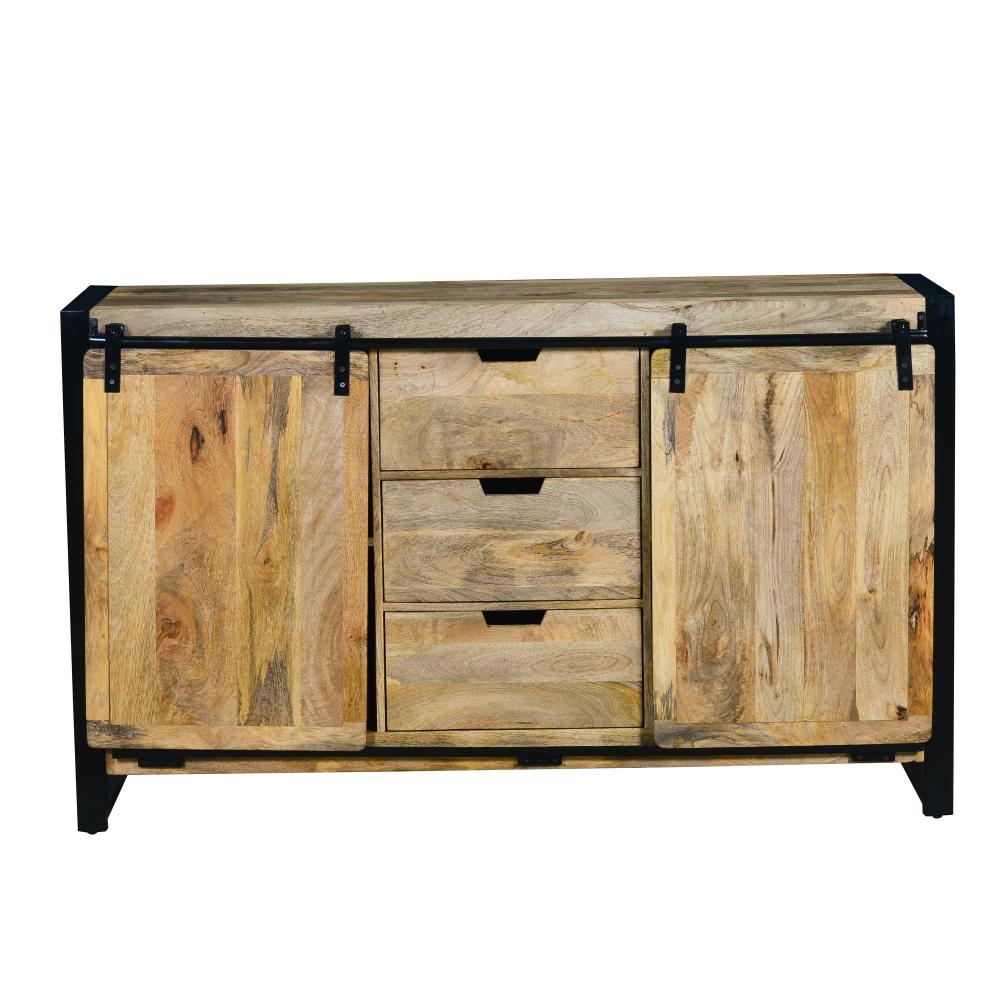 59 Inch 3 Drawer Wooden Sideboard with Barn Style 2 Sliding Doors, Brown and Black - UPT-242825