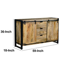 59 Inch 3 Drawer Wooden Sideboard with Barn Style 2 Sliding Doors, Brown and Black - UPT-242825