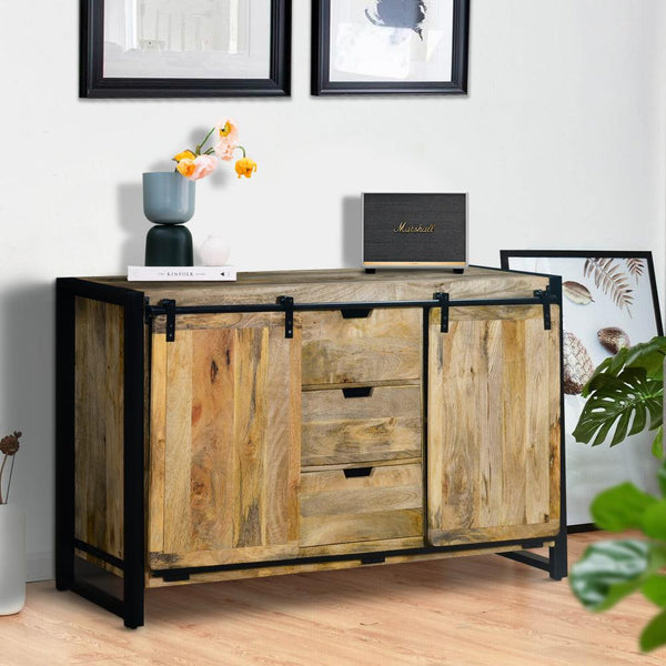 59 Inch 3 Drawer Wooden Sideboard with Barn Style 2 Sliding Doors, Brown and Black - UPT-242825