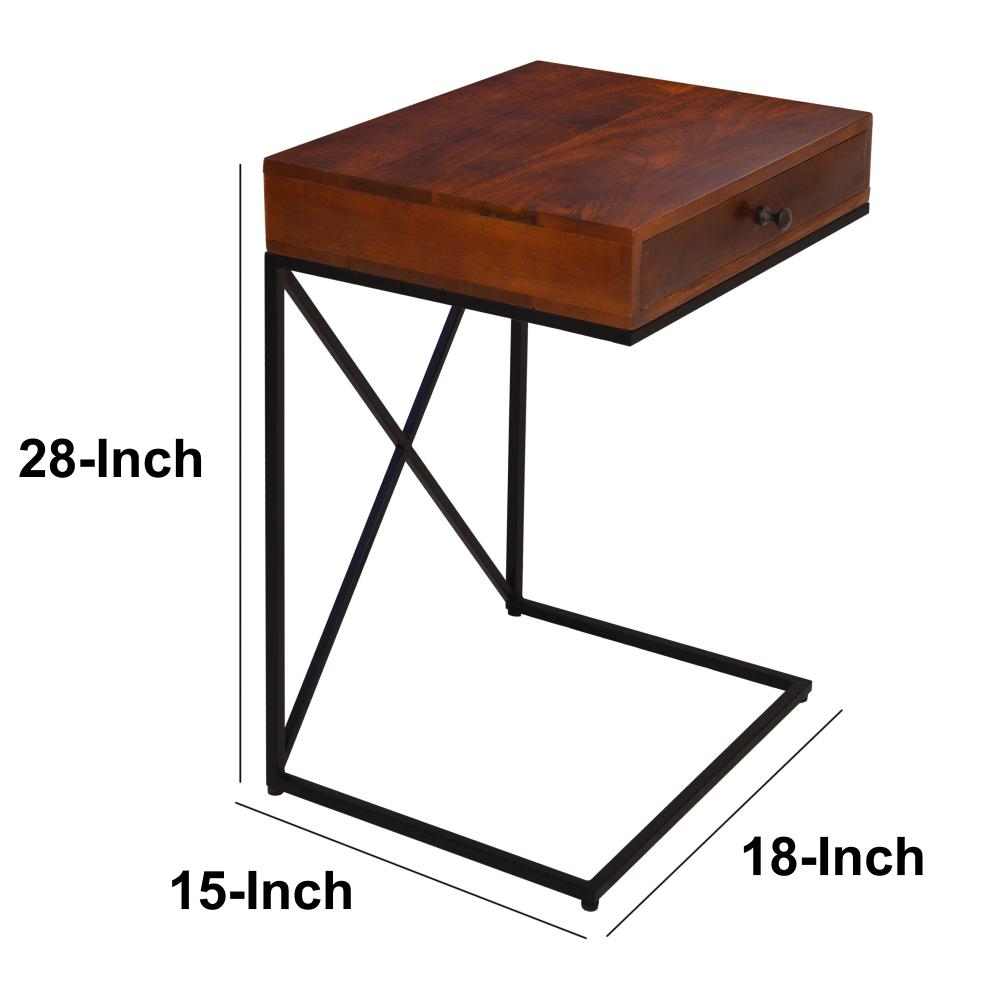 Wooden Sofa Side  Table with 1 Drawer and Metal Frame, Brown and Black - UPT-242947