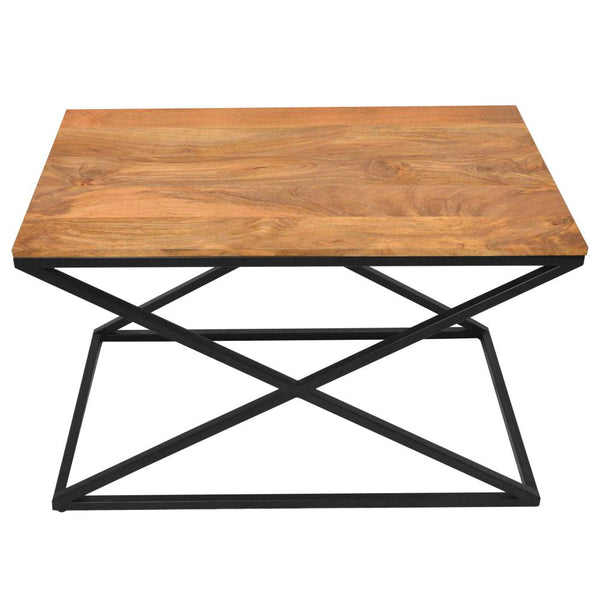 35 Inch Wooden Rectangle Coffee Table with X Shape Metal Frame, Brown and Black - UPT-242948