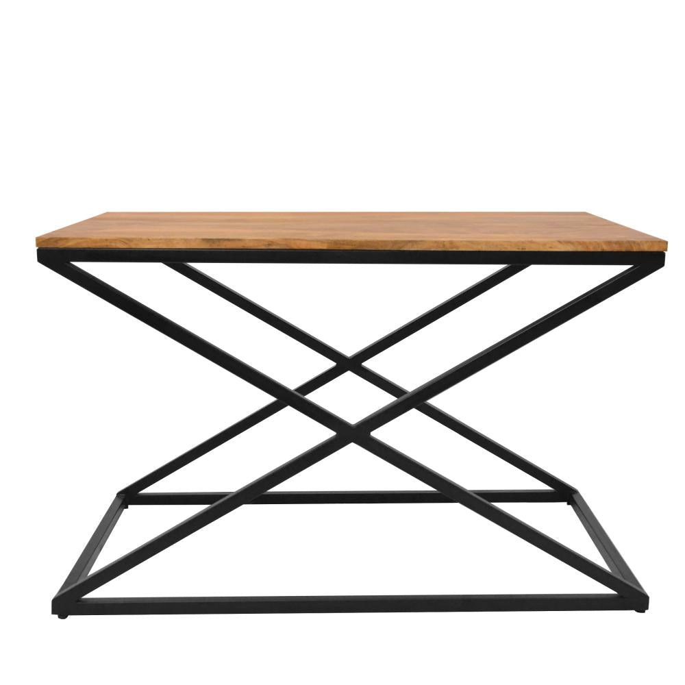 35 Inch Wooden Rectangle Coffee Table with X Shape Metal Frame, Brown and Black - UPT-242948