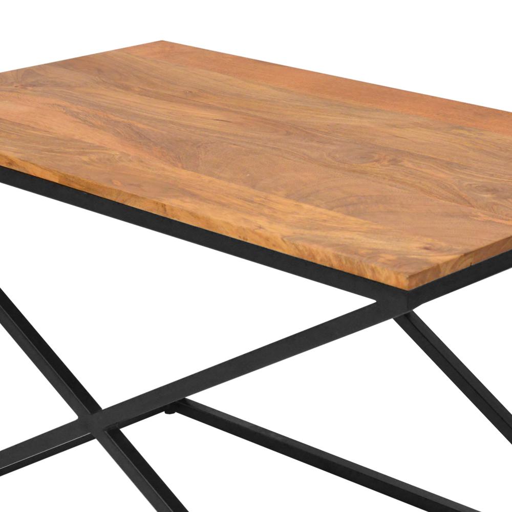 35 Inch Wooden Rectangle Coffee Table with X Shape Metal Frame, Brown and Black - UPT-242948