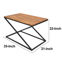 35 Inch Wooden Rectangle Coffee Table with X Shape Metal Frame, Brown and Black - UPT-242948